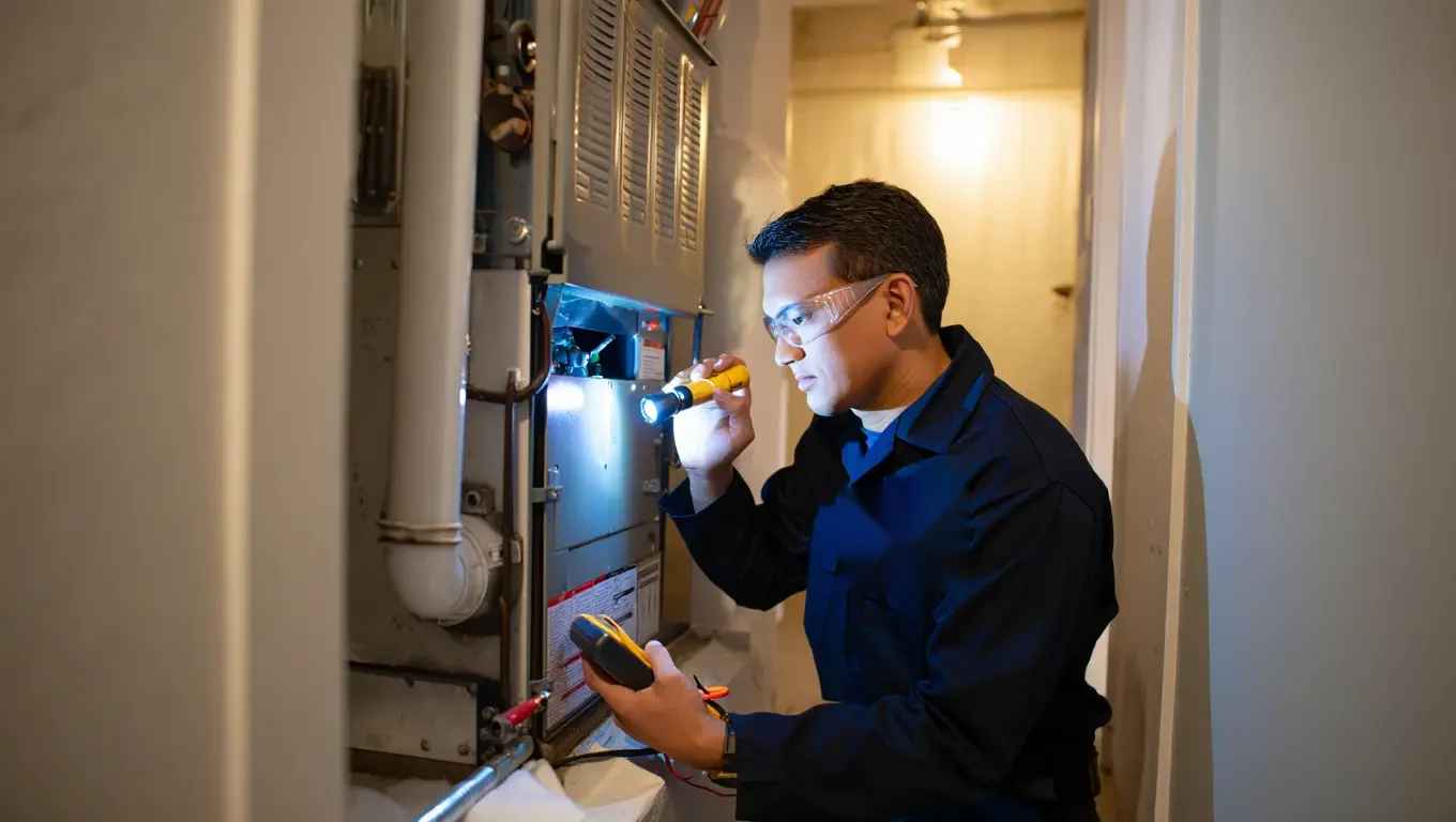 HVAC technician diagnosing an open residential gas furnace